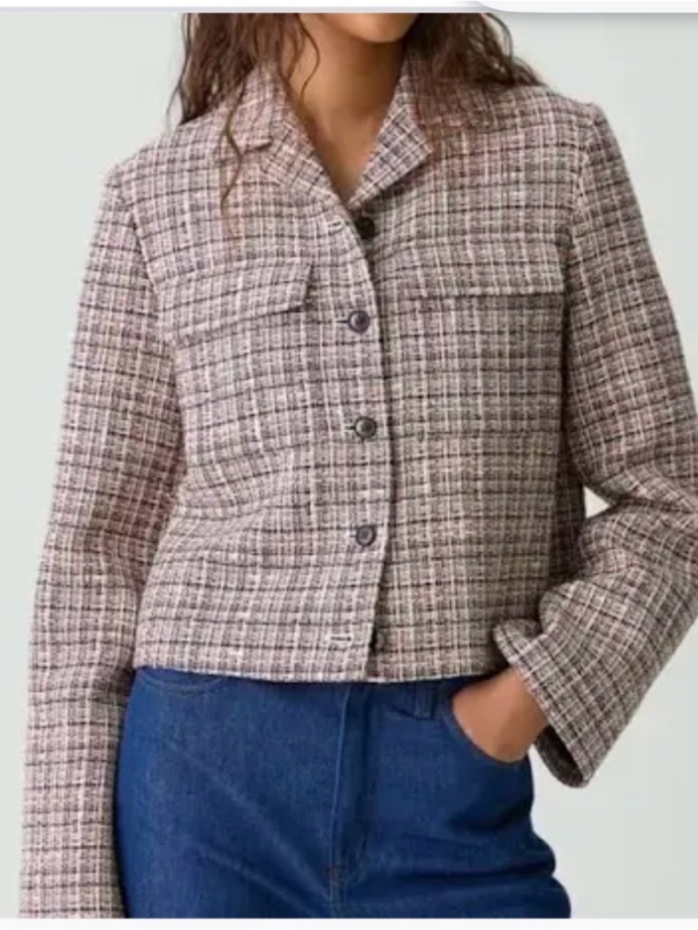 Theory Pink Beige Checked Cropped Tweed Blazer